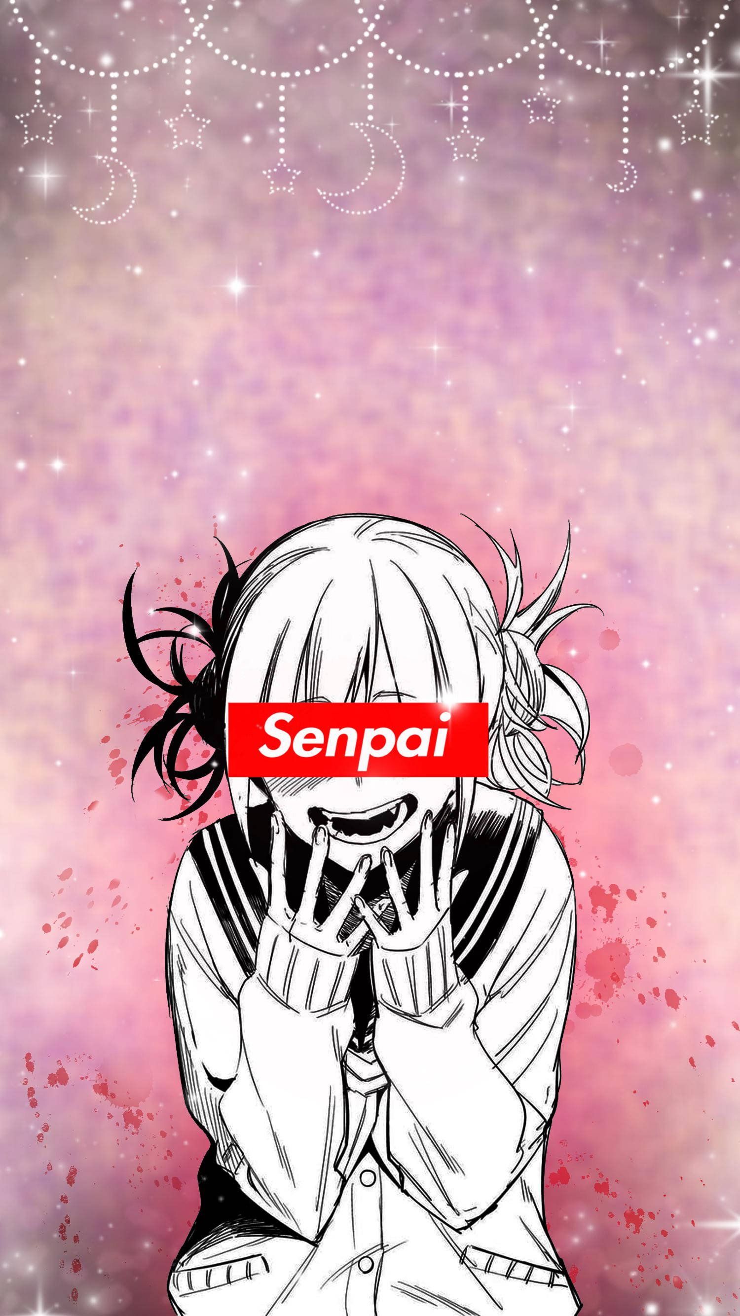 Himiko Toga「學姐」風格 壁紙 — 一個黑白動漫女孩穿著校服，在閃爍的粉紅色漸變背景上掛著天體圖案，開心地大笑。