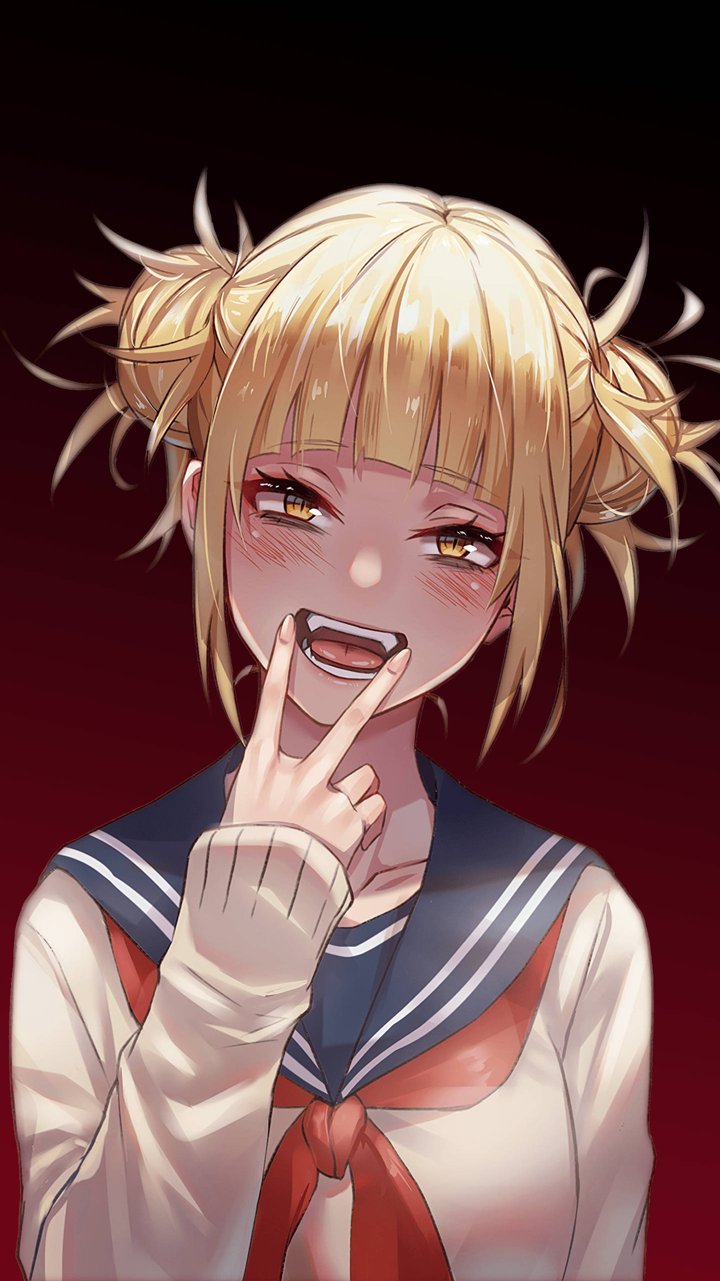 Himiko Toga 我的英雄學院 壁紙 — 一個開朗的動漫女孩，金色雙馬尾和金色眼睛，穿著水手服，在深紅色背景前眨眼並做出和平手勢。