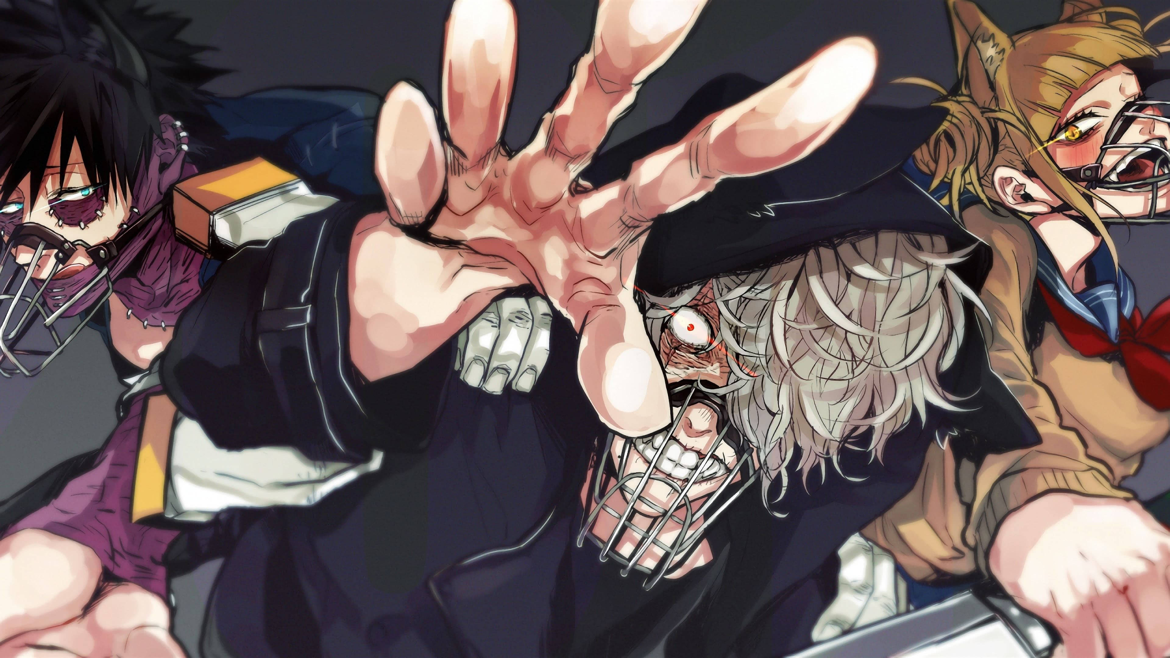 Himiko Toga《我的英雄學院》反派聯盟 壁紙 — 三個戴著金屬面具、表情強烈的動漫角色，在戲劇性燈光和動態姿勢中向前衝刺。