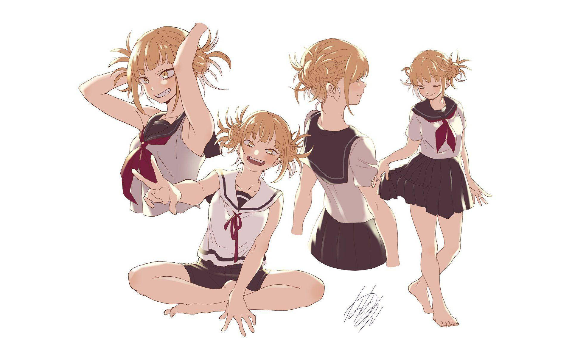 Himiko Toga 數位藝術 壁紙 — 四個穿著水手服嘅動漫女仔喺白色背景前開心擺甫士，表情調皮。