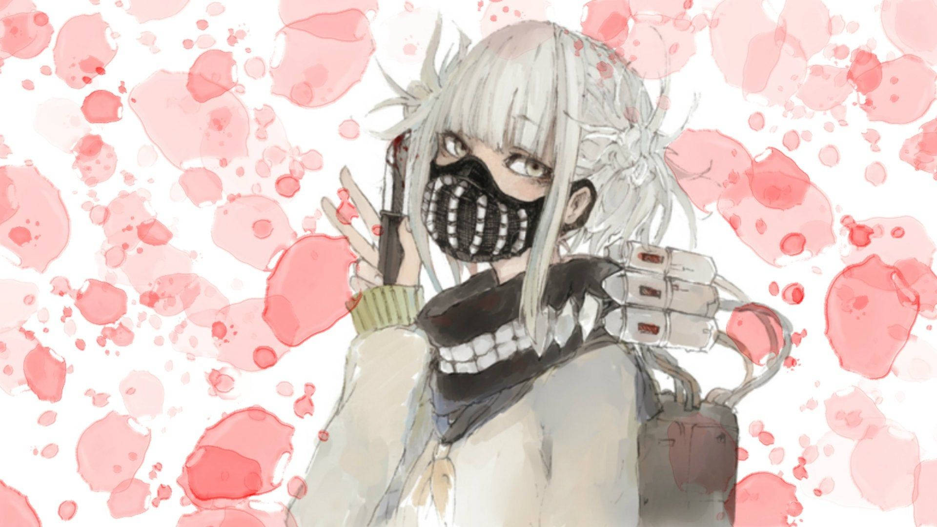 Himiko Toga 水彩風格同人圖 壁紙 — 一位戴面具的白髮機械臂動漫女孩在粉紅色潑濺背景前擺姿勢。