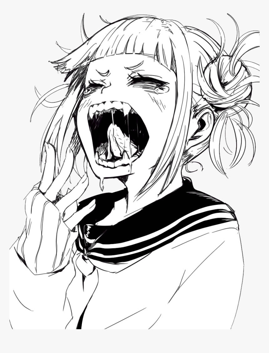 穿著校服的動漫女孩尖叫，露出尖牙和口水