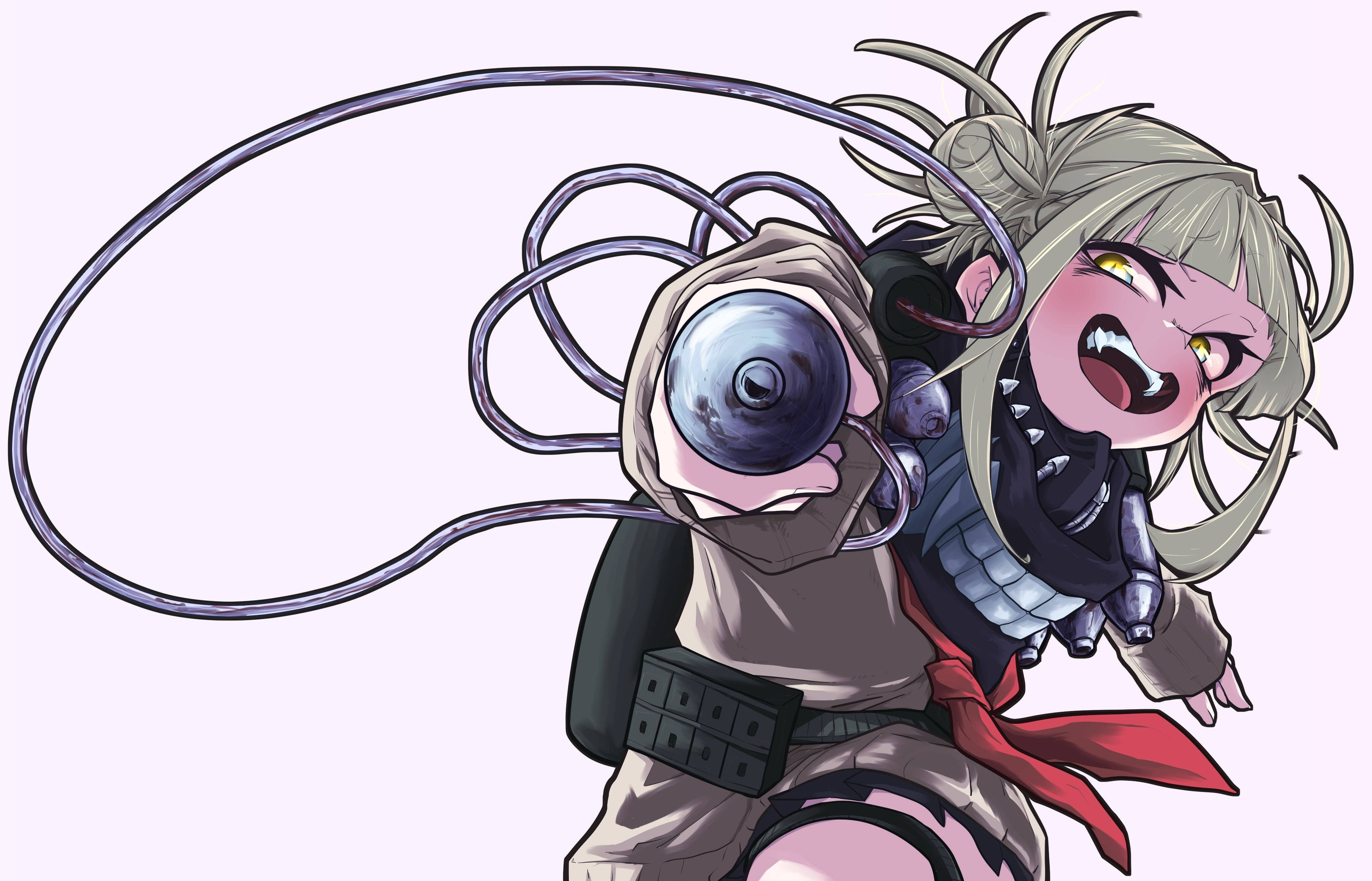 Himiko Toga 瘋狂反派 壁紙 — 一個銀髮機械臂的Q版動漫女孩，在淡紫色背景下揮舞鞭子。