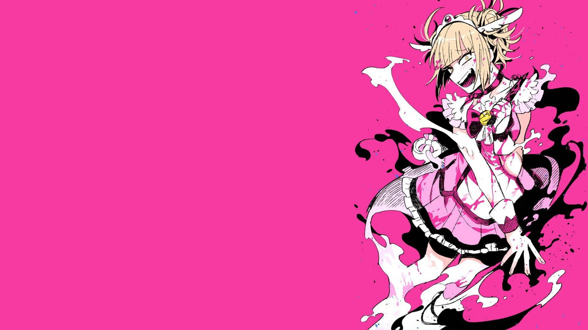 Himiko Toga 穿粉色洋裝 壁紙 — 一位充滿活力的動漫女孩，金髮粉紅裝束，在鮮豔的粉紅色背景上衝破黑色墨跡。