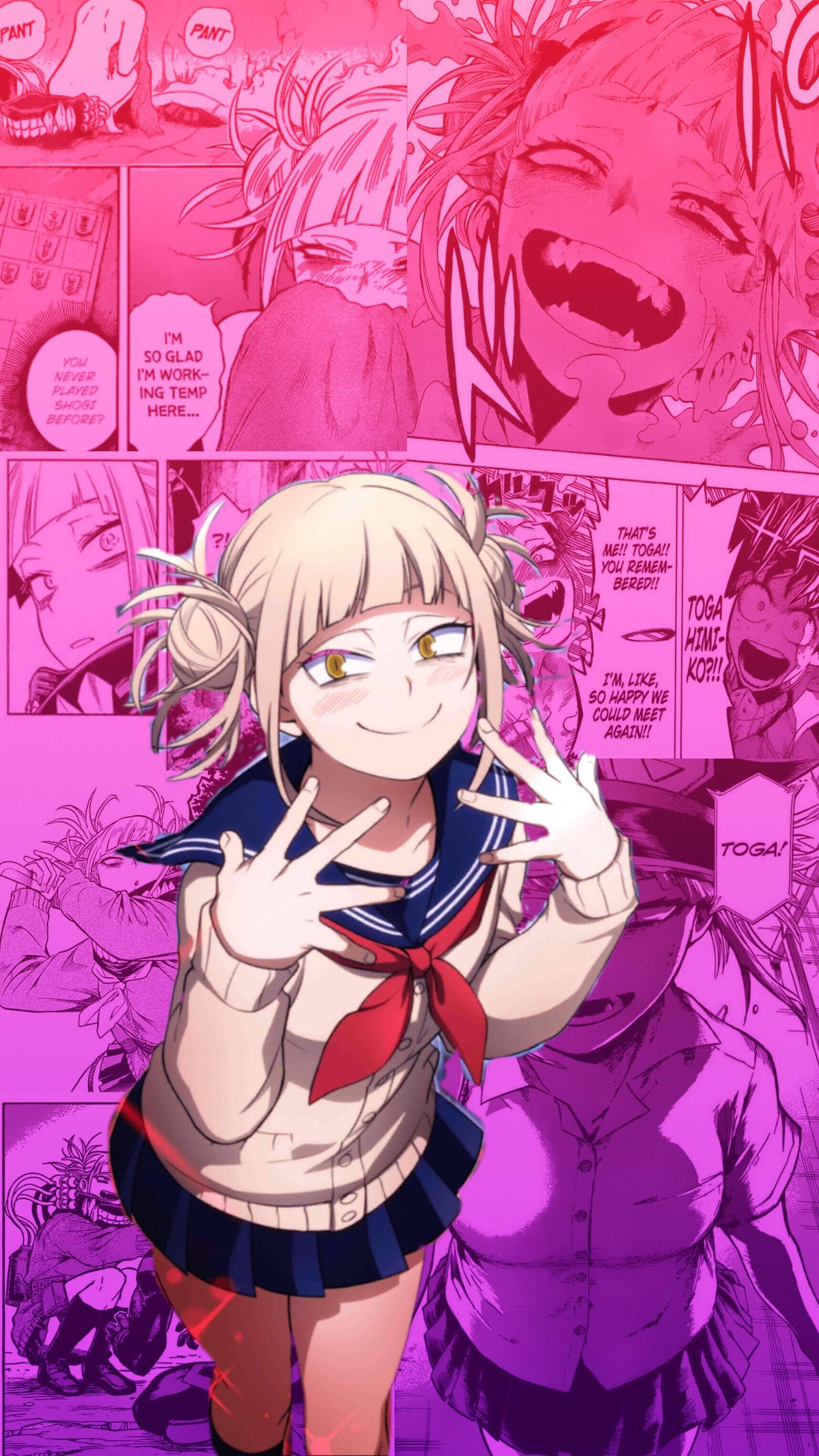 Himiko Toga 美學海報 壁紙 — 一個穿著水手服的可愛動漫女孩，在充滿活力的粉紅色漫畫面板背景前微笑並做出和平手勢。