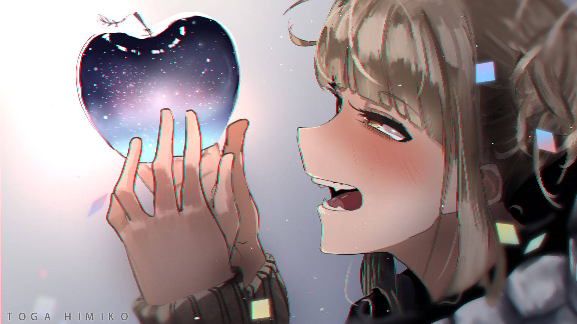 Himiko Toga 美學藝術 壁紙 — 一個年輕的動漫女孩驚奇地凝視著一個充滿旋轉星星和宇宙光芒的發光蘋果。