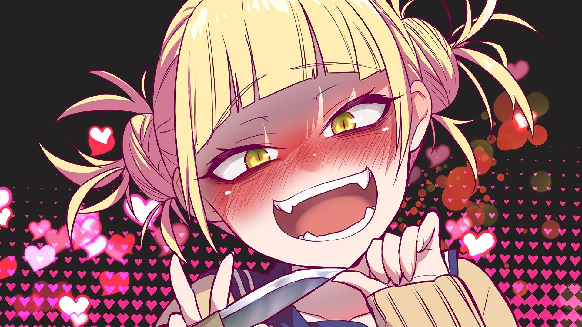 Himiko Toga 與心形圖案 壁紙 — 一個紮著金色雙馬尾的開朗動漫女孩，手持一把刀，周圍環繞著發光的粉紅色心形，咧嘴大笑。