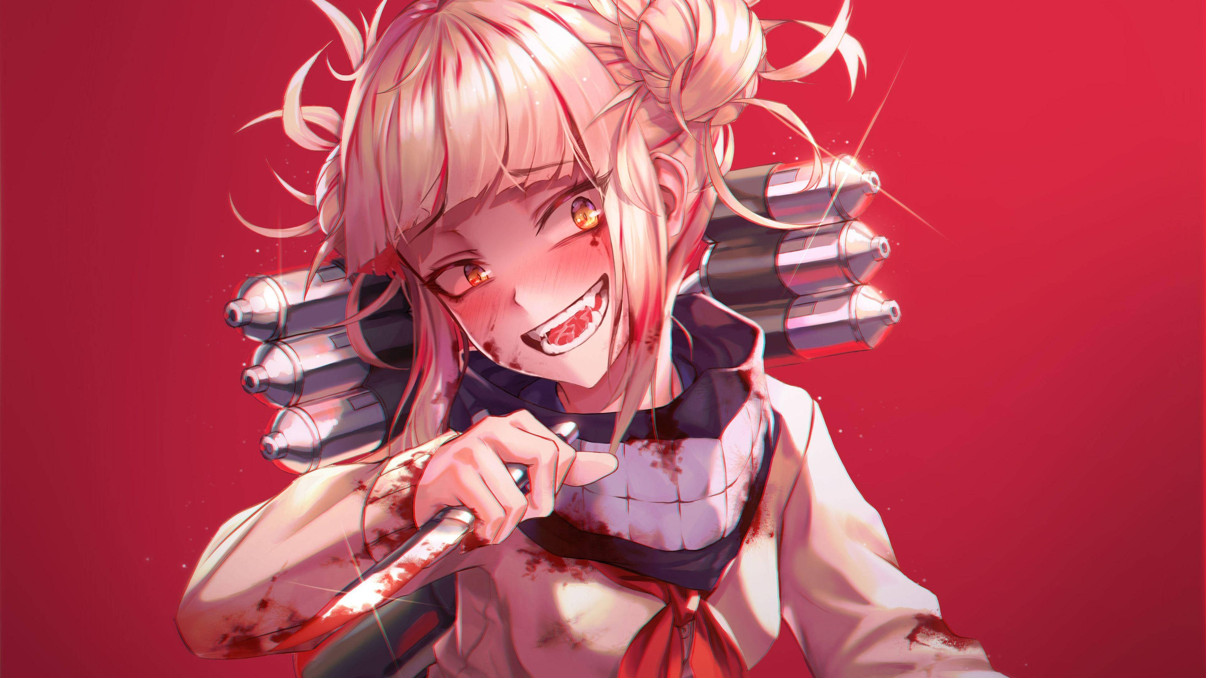 Himiko Toga 血紅藝術 壁紙 — 一個開心的動漫女孩，粉紅色頭髮和機械手臂，在純紅色背景前揮舞著一把沾血的刀。
