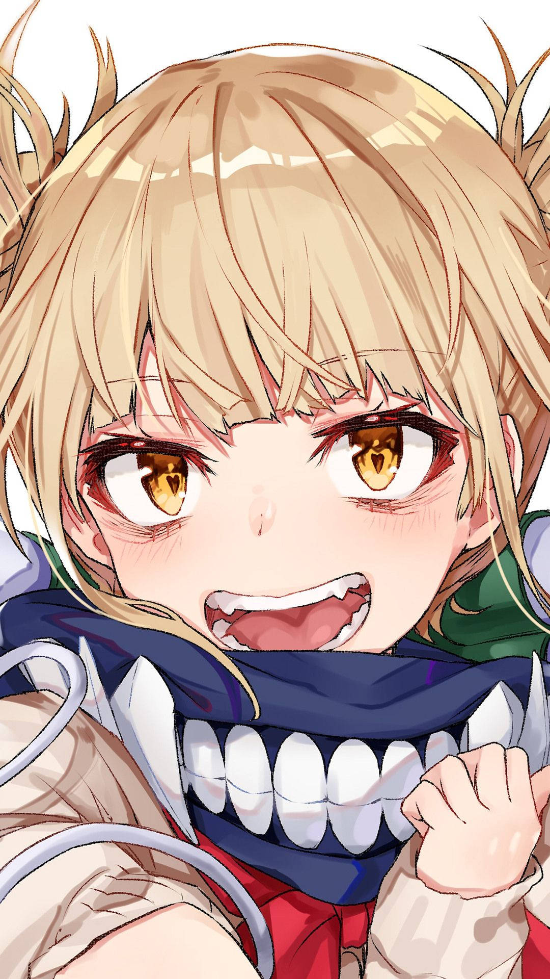 Himiko Toga 近距離可愛特寫 壁紙 — 一個開心的動漫女孩，金髮金眼，戴著一條有尖銳白色牙齒的藍色圍巾，咧嘴大笑。