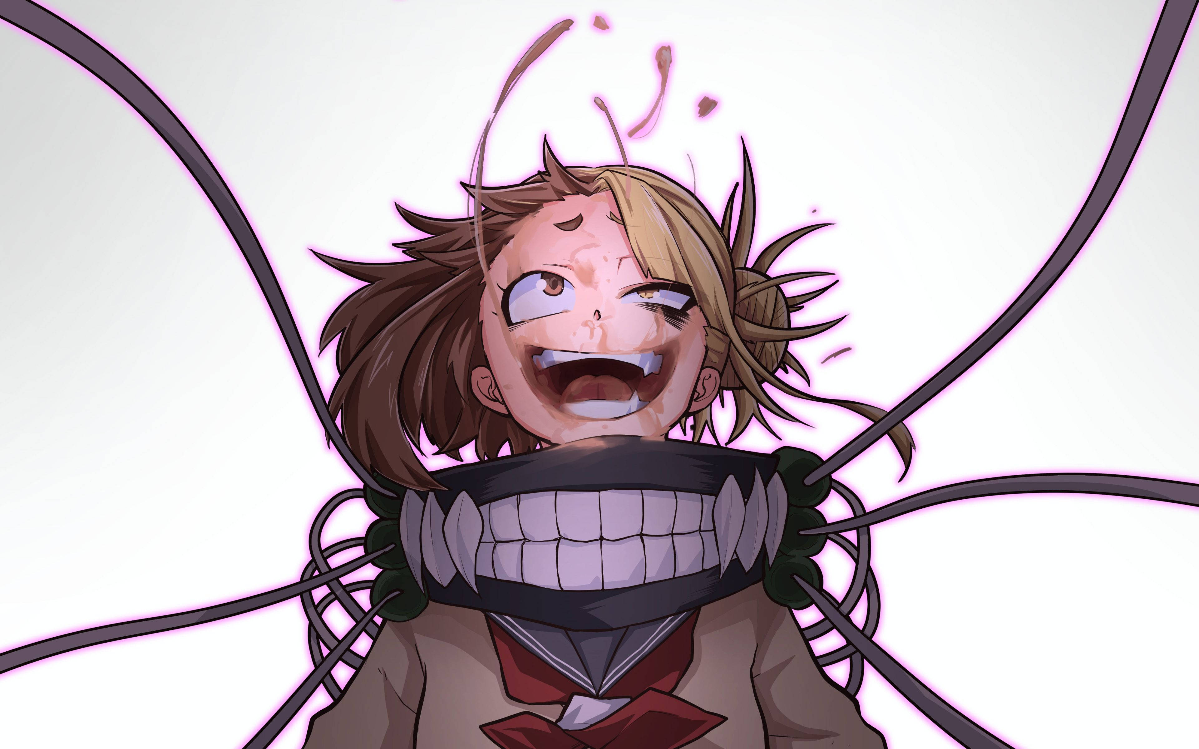 Himiko Toga 面部受傷 壁紙 — 一個動漫角色，有著凌亂的棕色頭髮和咧嘴大笑，被粗黑電纜綁在純白色背景前。