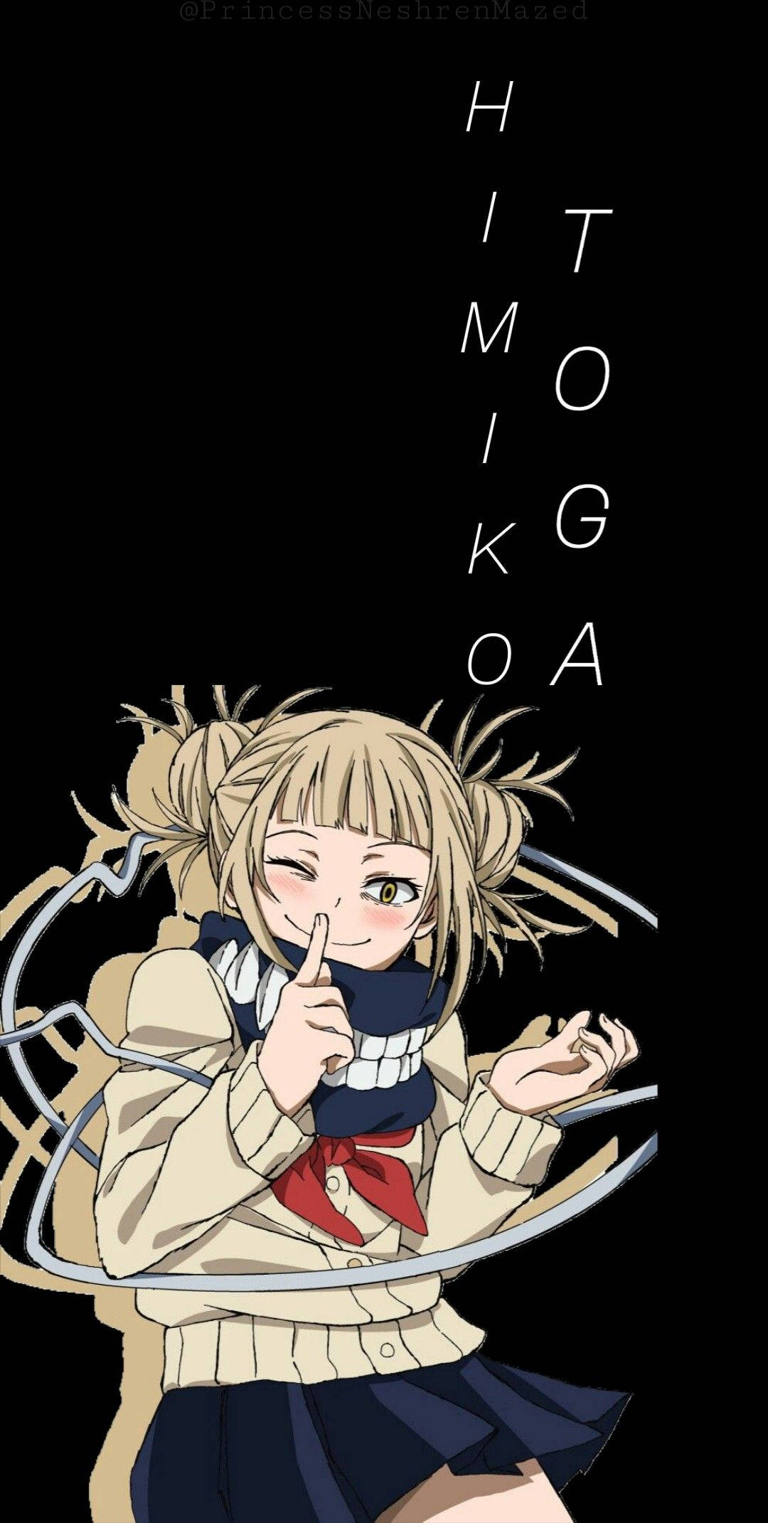 Himiko Toga 黑色藝術畫 壁紙 — 金髮雙馬尾的動漫女孩在黑色背景上豎起手指放在嘴唇上眨眼，並帶有垂直文字。