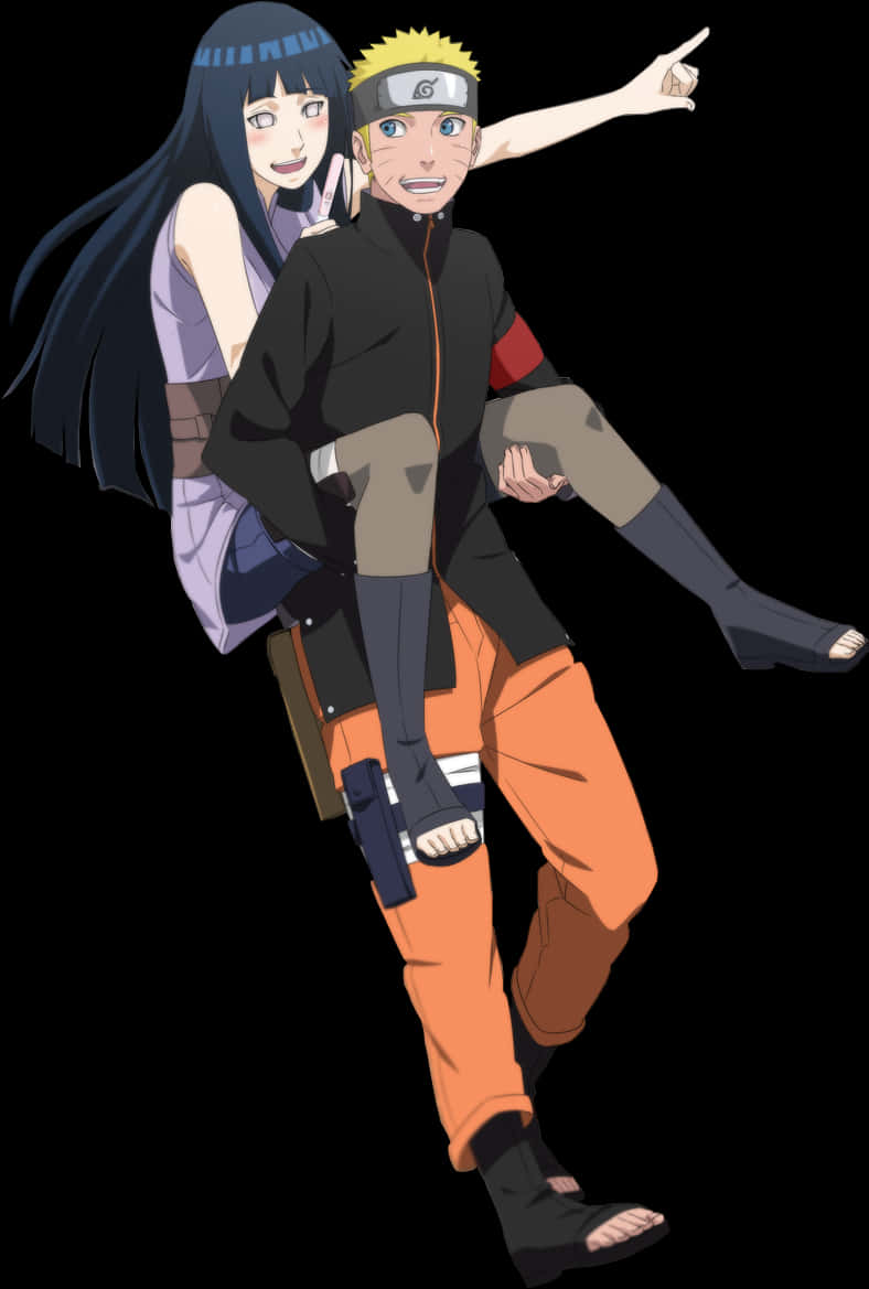 鳴人與 Hinata 動畫角色 壁紙 — 動漫角色鳴人和雛田在黑色背景上以動態姿勢展現，搭配鮮豔橙色褲子和紫色服裝。