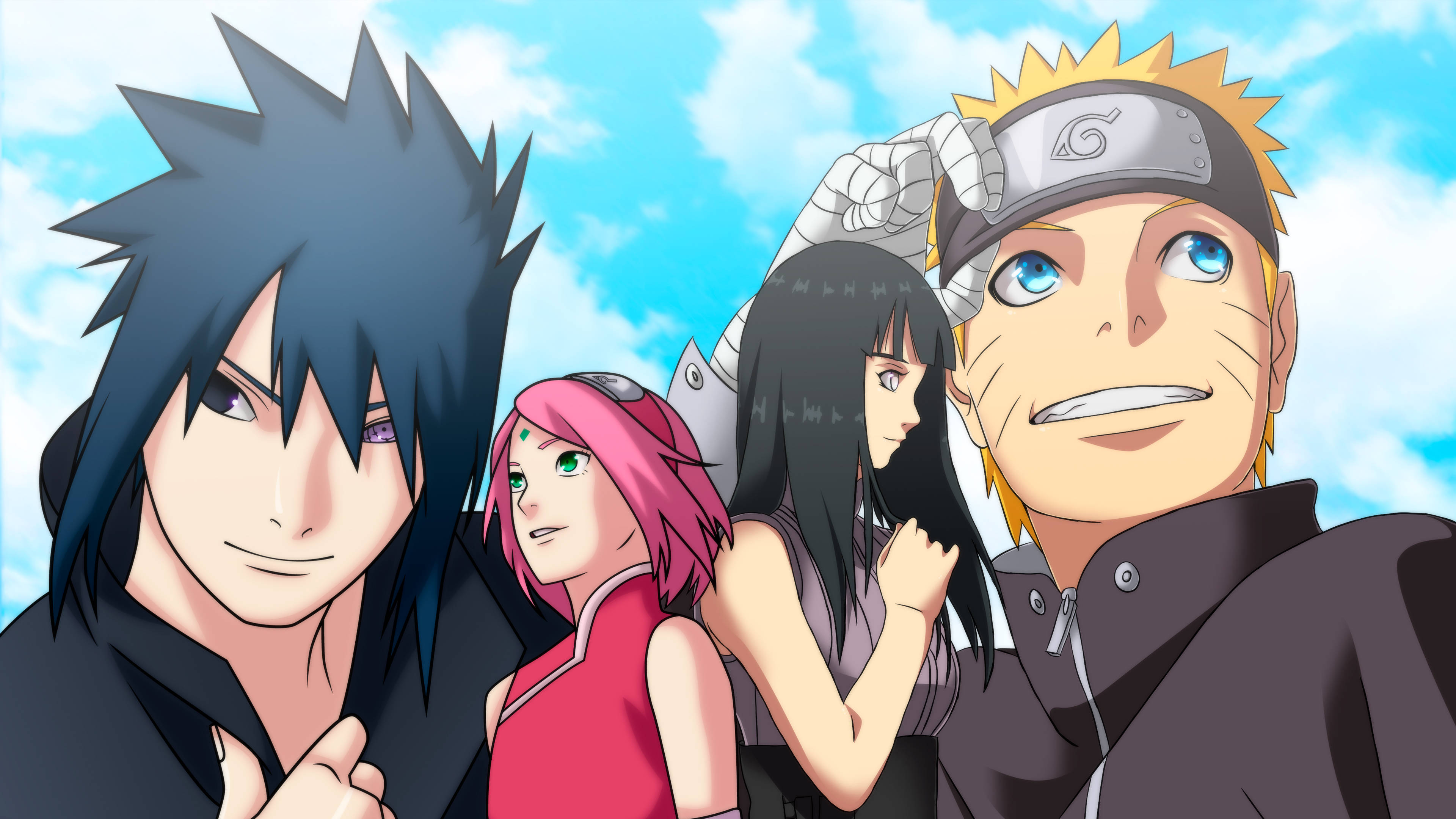 鳴人與 Hinata 與 SasuSaku 壁紙 — 四個動漫角色喺晴朗藍天同 fluffy 白雲下一齊企喺度。