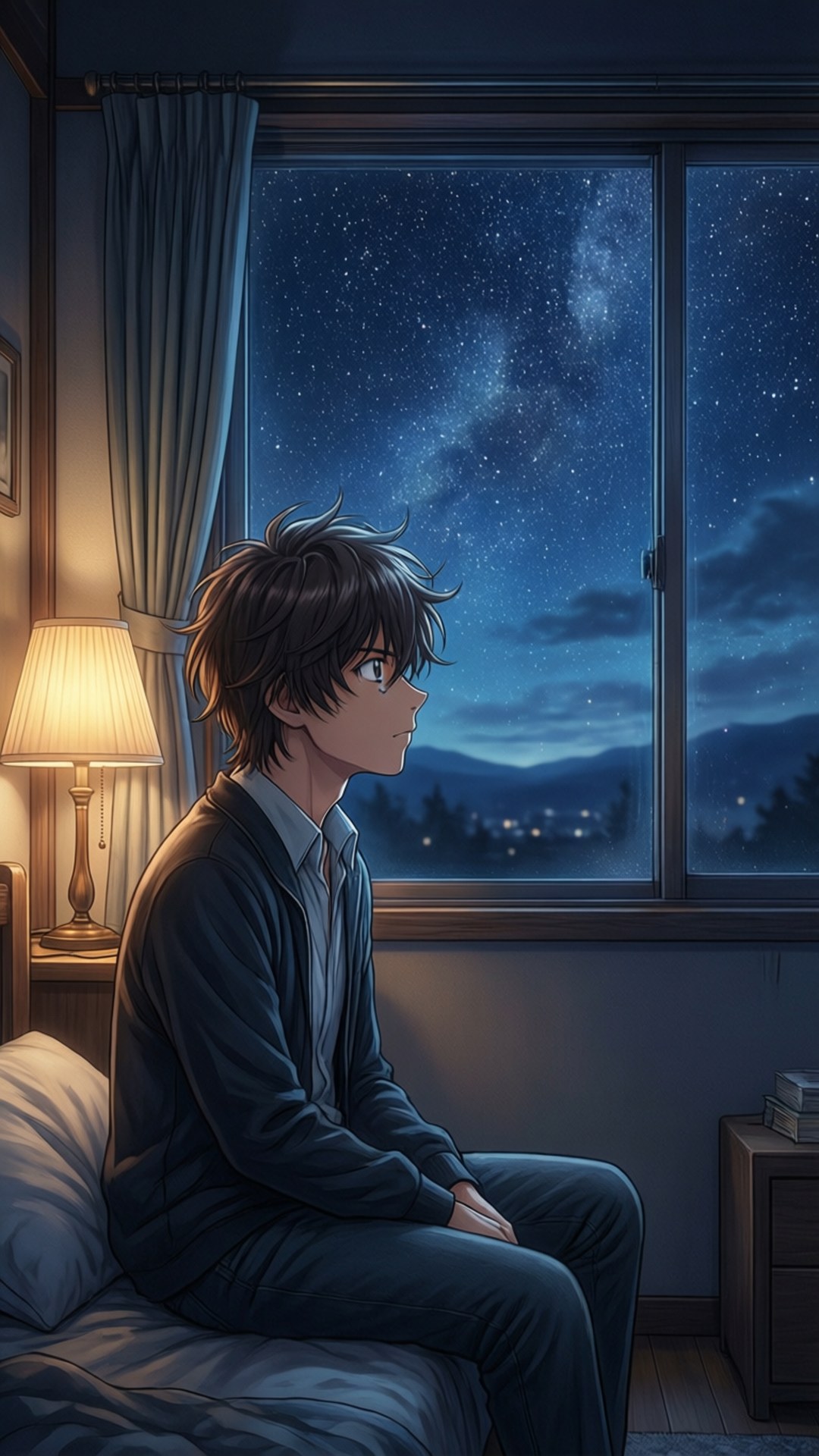 年輕動畫男孩坐在床上，望向窗外繁星點點的夜空，旁邊有盞燈亮著