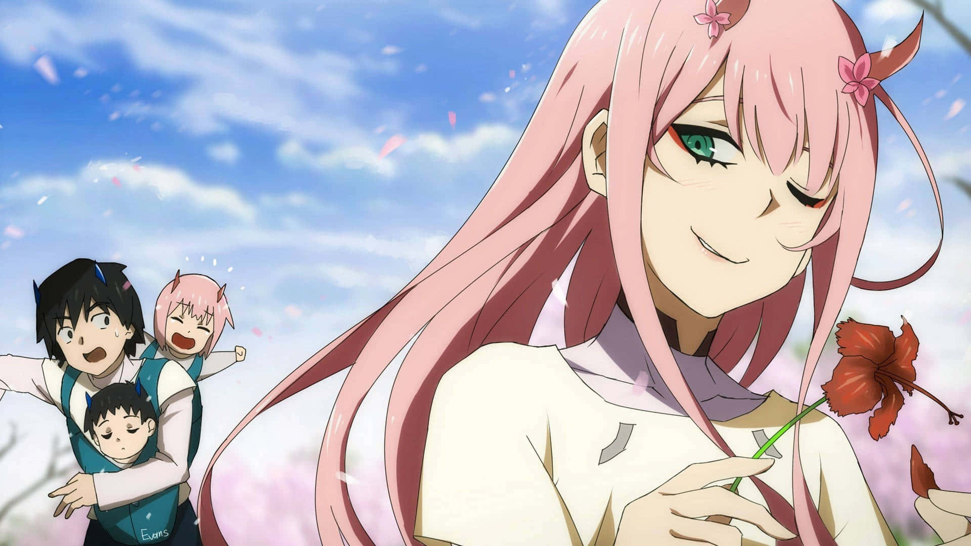 Hiro、Zero Two 與小隊準備執行下一次任務 壁紙 — 一位粉紅色頭髮的動漫女孩微笑著拿著一朵紅花，三個孩子在她身後櫻花天空下快樂地奔跑。