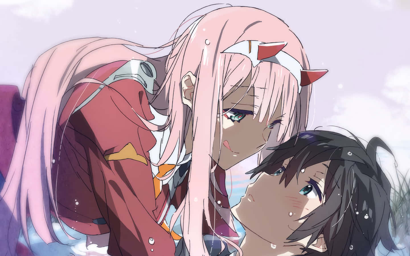 Hiro 與 Zero Two，準備拯救世界 壁紙 — 一位粉紅色頭髮、戴著貓耳嘅動畫女孩，喺柔和天空下，靠近一個深色頭髮嘅女孩，分享一個溫柔嘅時刻。