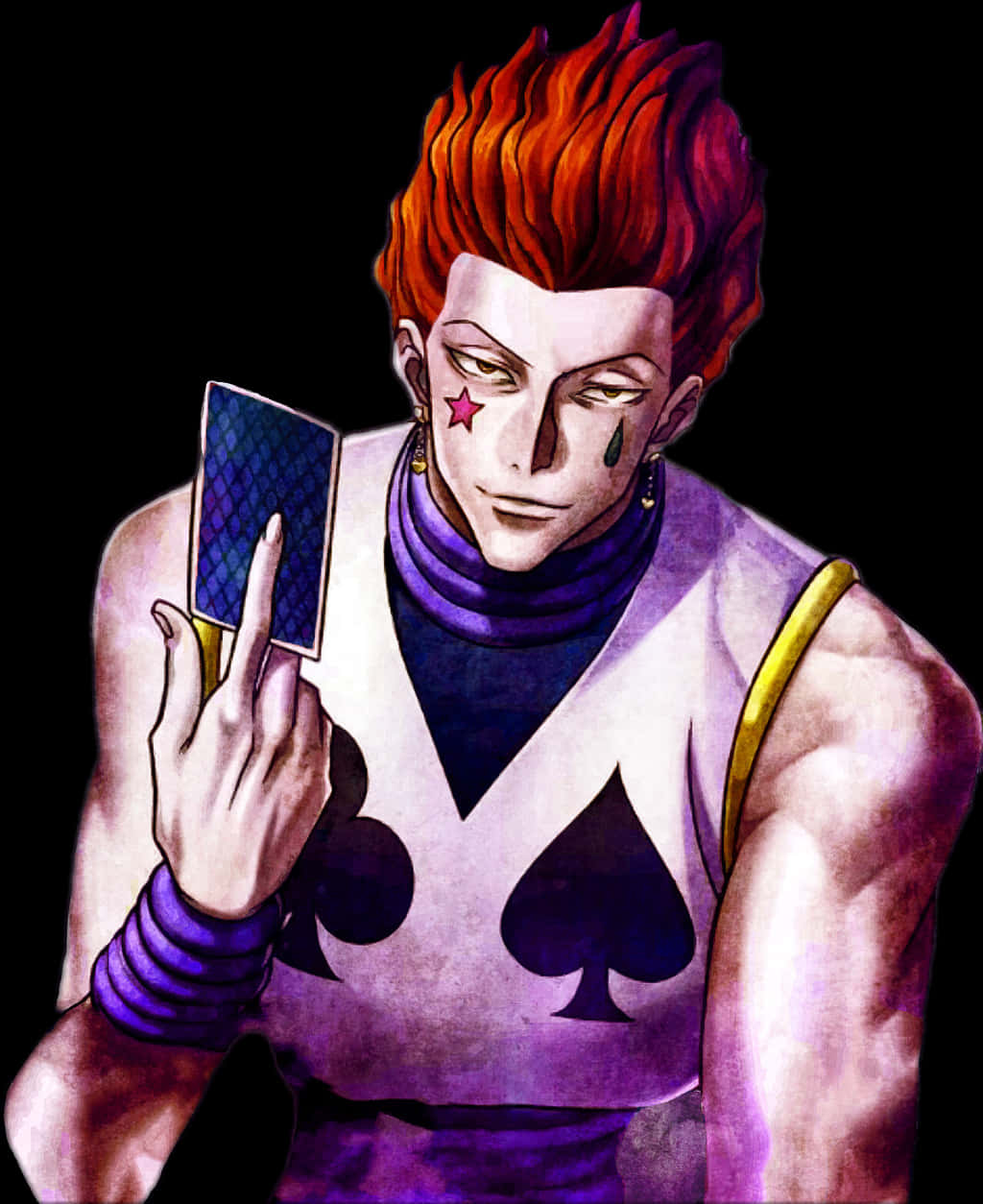 Hisoka 持牌肖像 壁紙 — 一個擁有火紅頭髮、穿著黑桃主題服裝的動漫角色，在黑色背景前拿著一張卡片，做出挑釁的手指手勢。