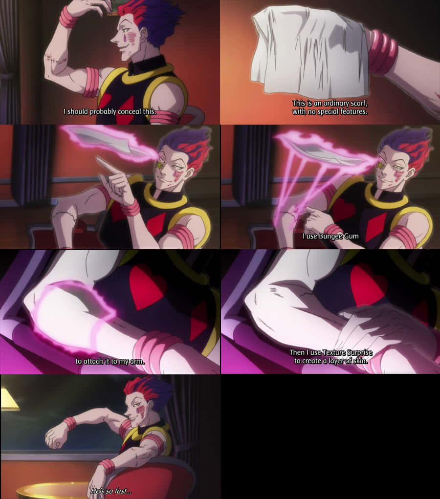 Hisoka Bungee Gum能力驚喜 壁紙 — 擁有尖刺紅藍頭髮的動漫角色使用發光的粉紅色魔法將圍巾變成類似皮膚的手臂覆蓋物。