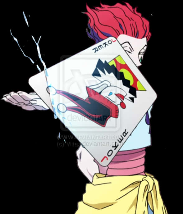 Hisoka 拿牌插畫 壁紙 — 一個紅髮動漫角色在黑色背景前手持一張發出藍色能量的發光卡牌。
