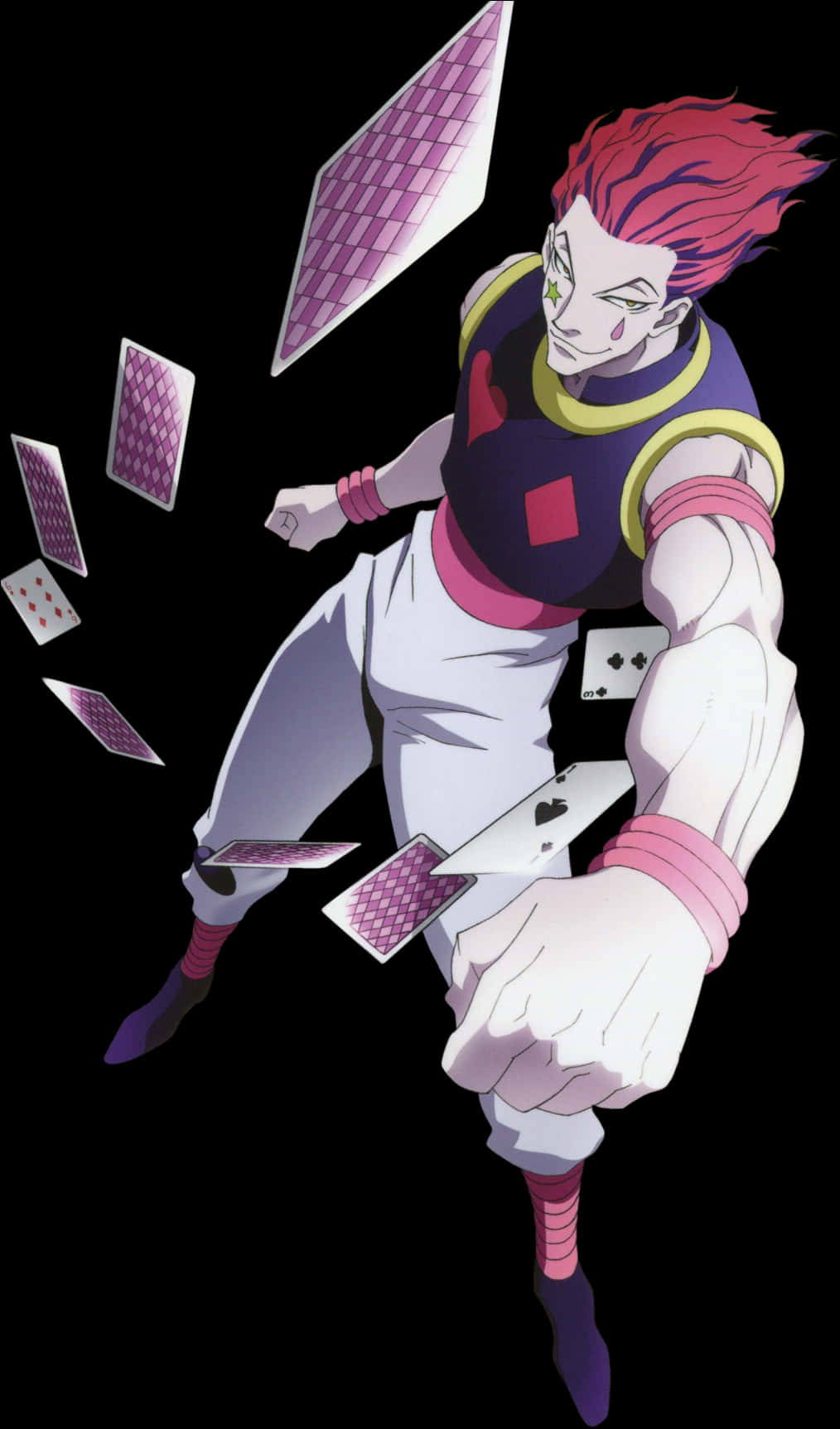 Hisoka 持牌 壁紙 — 一個肌肉發達的動漫角色，紅髮帶紫色點綴，正在黑色背景前擲出撲克牌。
