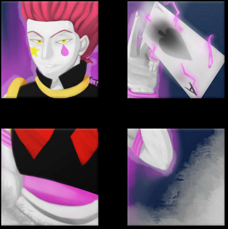 Hisoka 神秘魔術師拼貼圖 壁紙 — 一個風格化的動漫角色，粉紅色頭髮和黃色眼睛，在紫色背景上拿著一張發光的黑桃A牌。