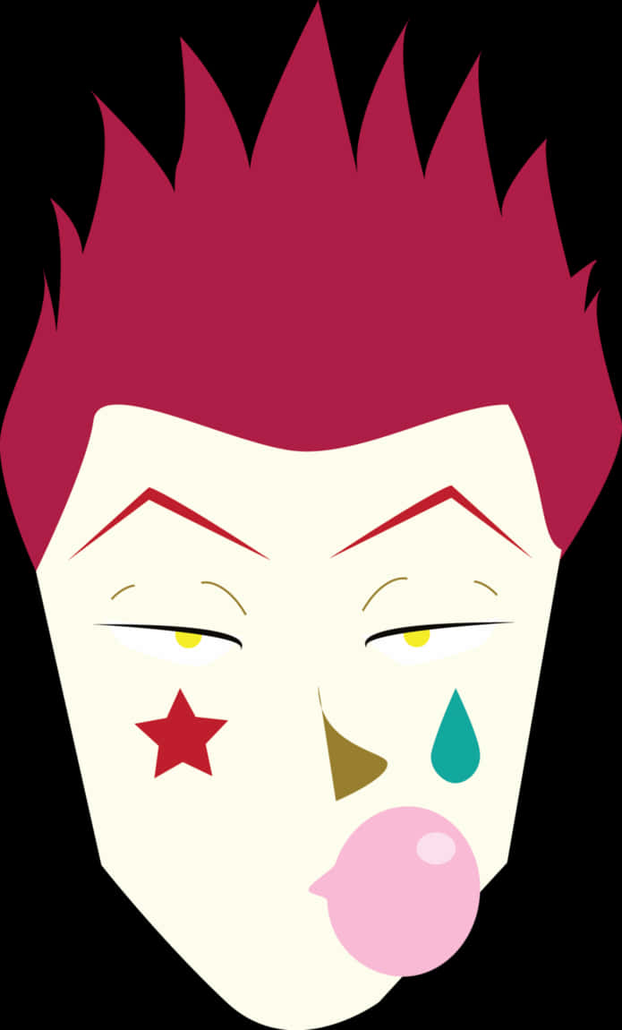 Hisoka 最簡風格藝術 壁紙 — 一個風格化的卡通臉，有尖刺的洋紅色頭髮，吹著粉紅色泡泡糖泡泡，同時流著藍綠色眼淚，臉頰上有一顆紅色星星。