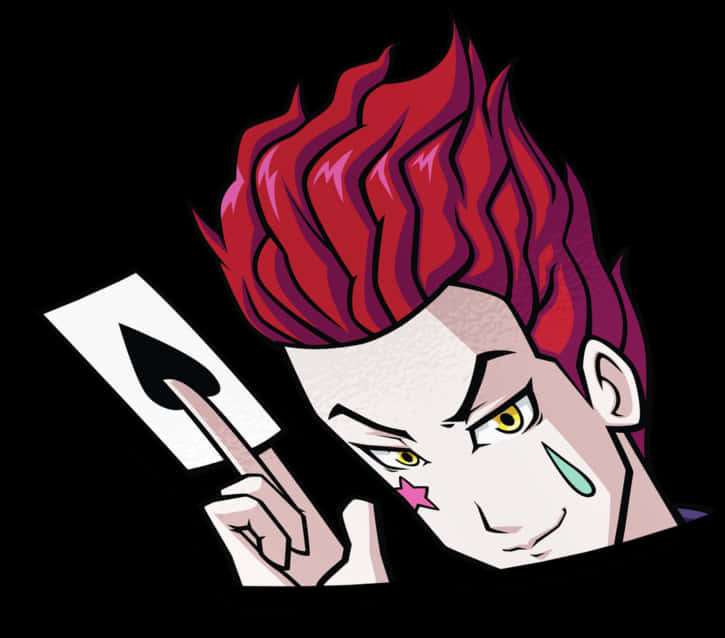 Hisoka Magician 動漫角色 壁紙 — 一個風格化的動漫角色，有著尖刺的紅髮和黃色眼睛，在黑色背景前拿著一張黑桃牌。