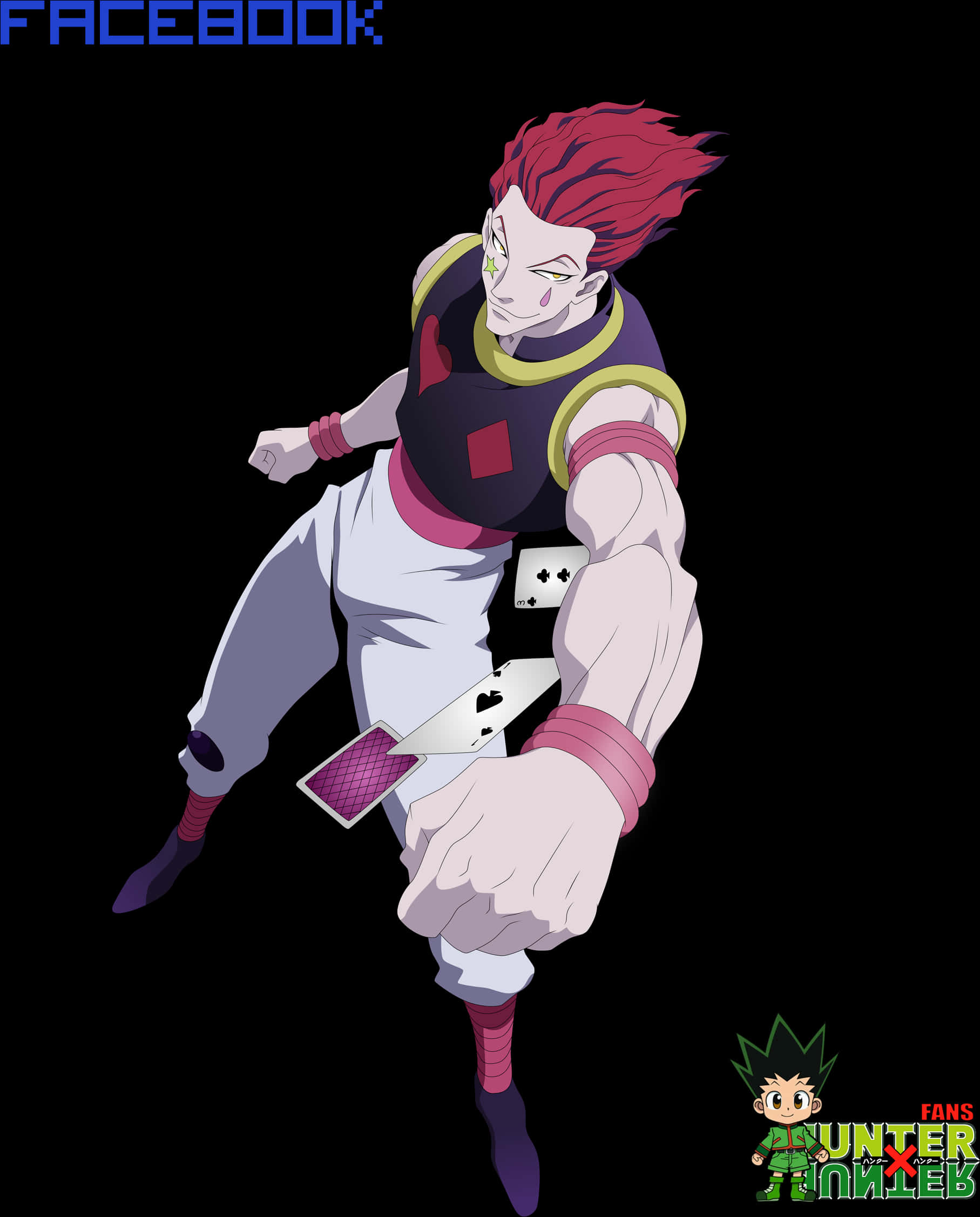 Hisoka Magician 持牌 壁紙 — 一個動態的動漫角色，紅髮綠眼，手持撲克牌，在黑色背景前向前跳躍。