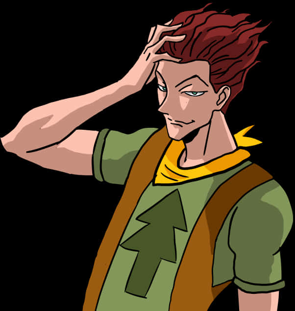 Hisoka Magician 姿勢 壁紙 — 一個紅髮動漫角色穿著綠色襯衫和棕色背心，在黑色背景前帶著自鳴得意的表情抓頭。