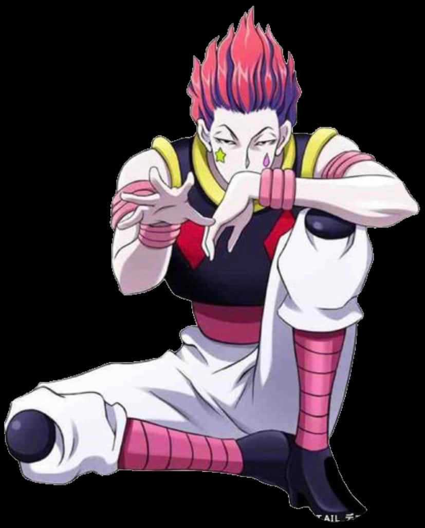《全職獵人》角色 Hisoka Morow 壁紙 — 一個風格化的動漫角色，擁有尖刺的紅色和藍色頭髮，以動態姿勢坐著，穿著帶有粉紅色點綴的黑白服裝。