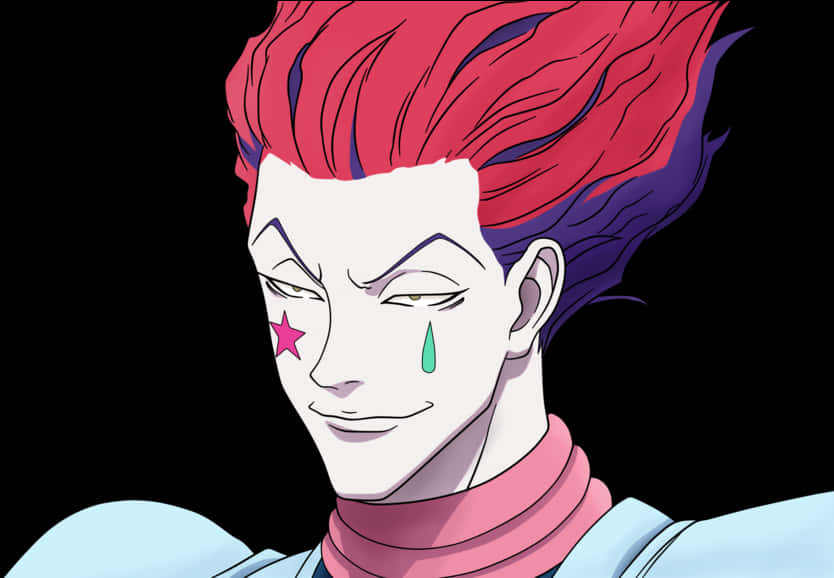 Hisoka Morow冷笑 壁紙 — 一個動漫角色的特寫，擁有鮮豔的紅色和紫色頭髮，粉紅色星星臉頰標記和綠色眼淚，在黑色背景上微笑。