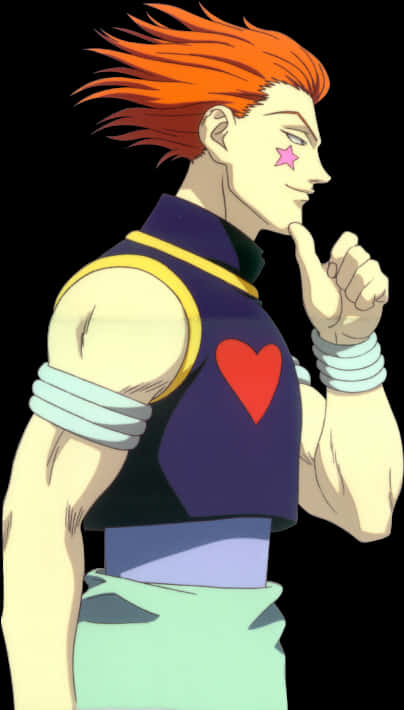 《全職獵人》Hisoka Morow 角色肖像 壁紙 — 動漫角色，擁有尖刺橙色頭髮和粉紅色星星臉頰標記，在黑色背景前沉思擺姿勢。