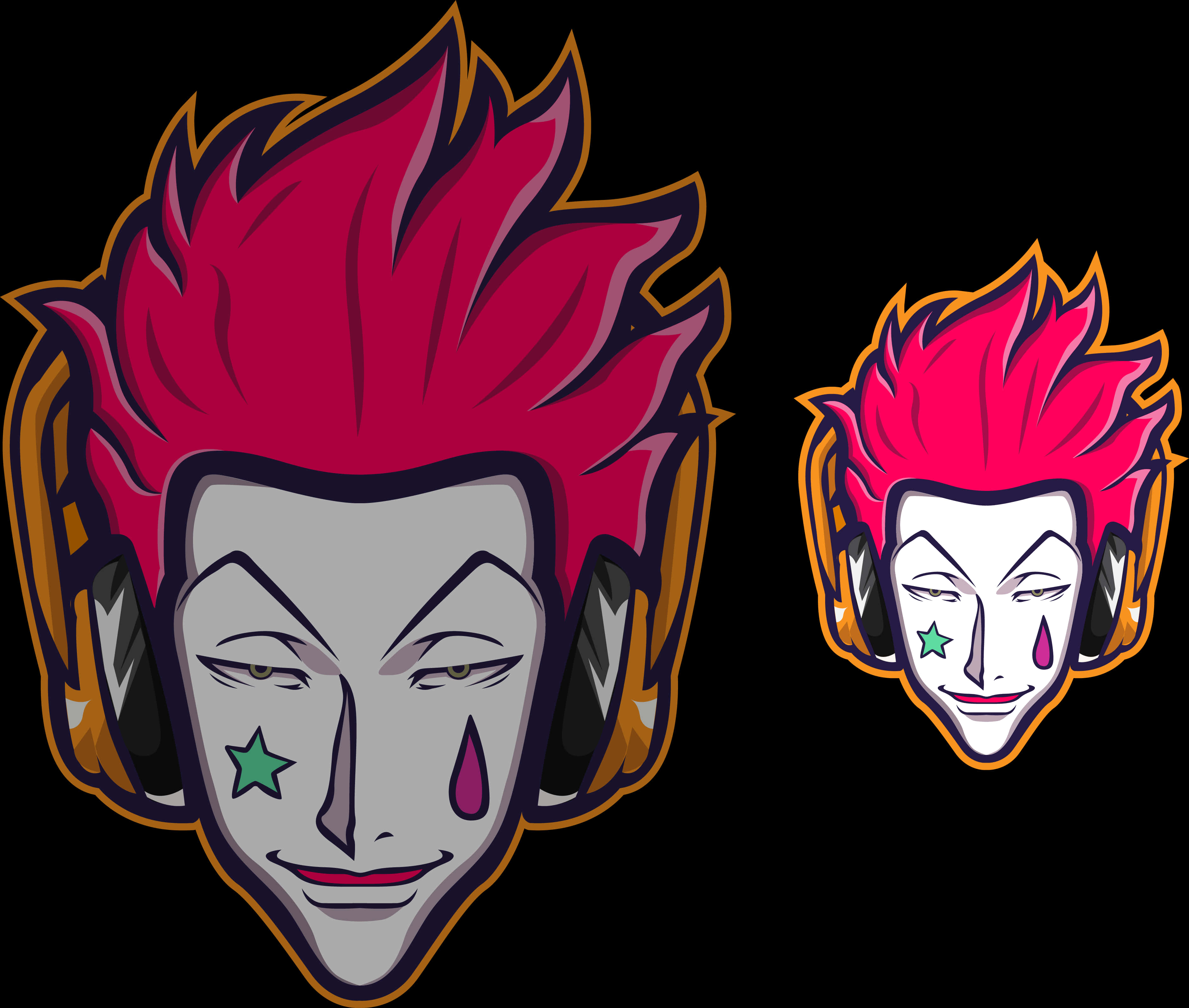 Hisoka Morow風格肖像 壁紙 — 兩個風格化的動漫面孔，帶有尖刺的粉紅色頭髮和耳機，一個有綠色星星和粉紅色眼淚，另一個閉著眼睛並有相同的標記。
