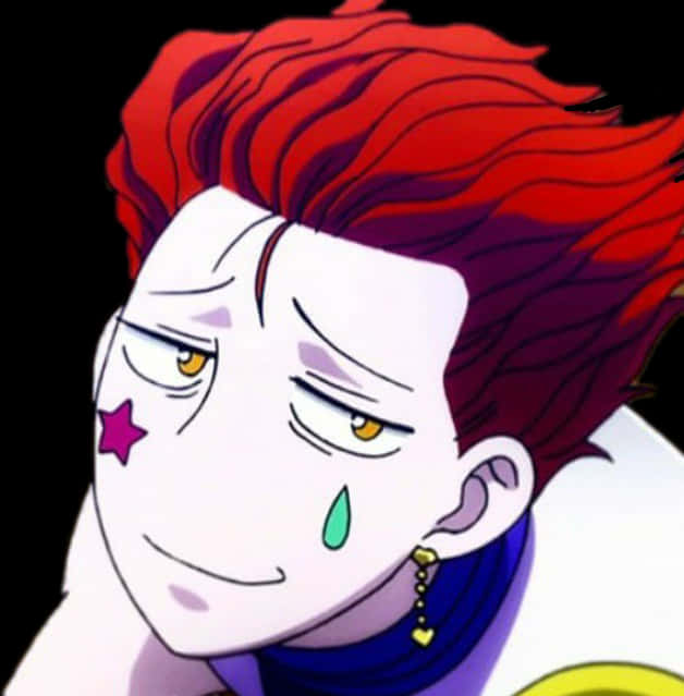 Hisoka Morow 微笑特寫 壁紙 — 一個紅髮動漫角色，帶有淚水和星星紋身，在黑色背景上悲傷地微笑。