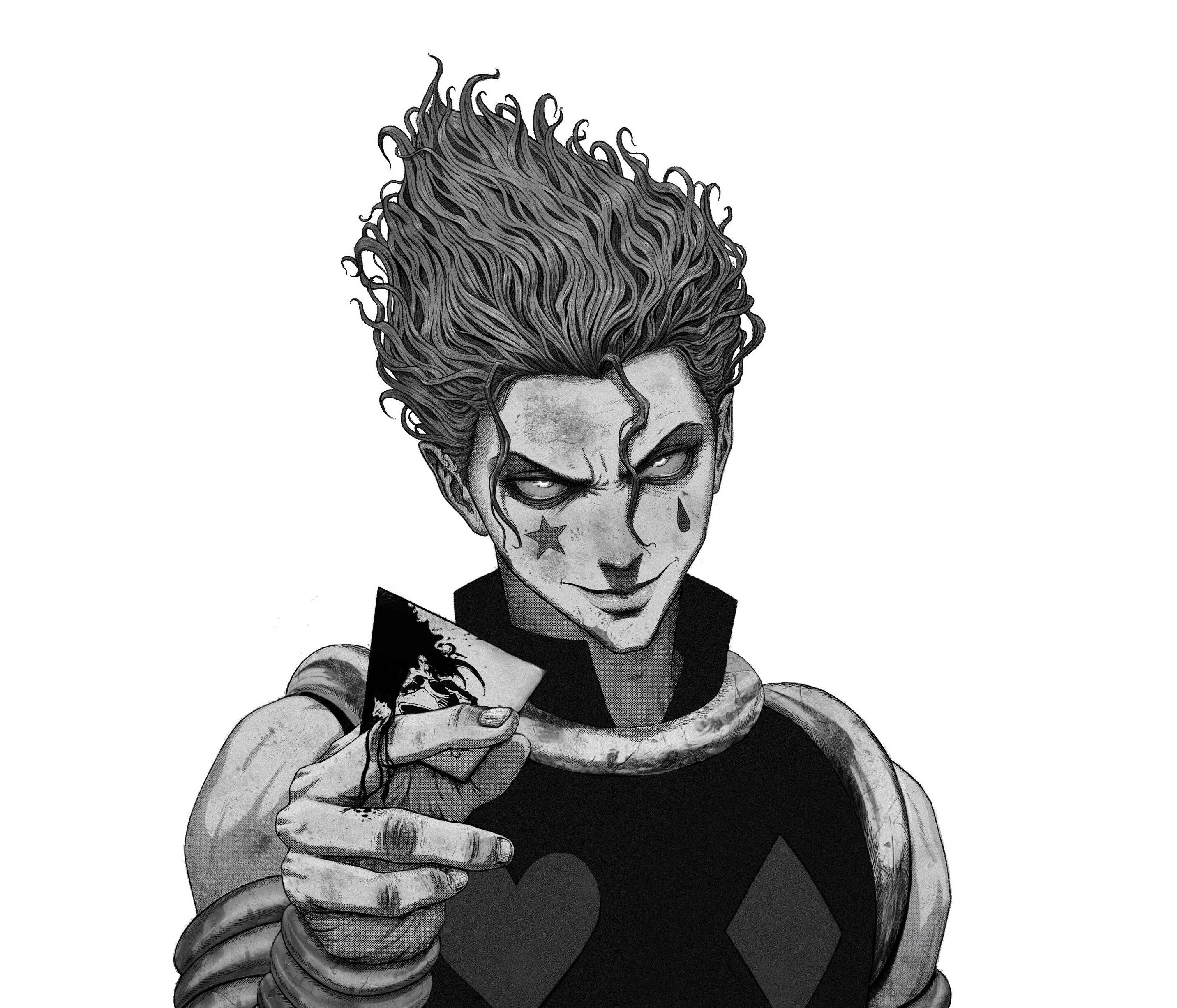 Hisoka Morow 黑白數位藝術 壁紙 — 一個帶有狂野頭髮和星星紋身的威脅性動漫角色，在純白背景下拿著一張滴水的撲克牌。
