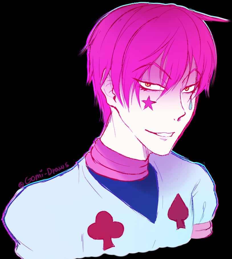 Hisoka Morow霓虹肖像 壁紙 — 一個粉紅色頭髮的動漫角色，臉頰上有星星和眼淚，穿著卡片主題襯衫，背景為黑色。