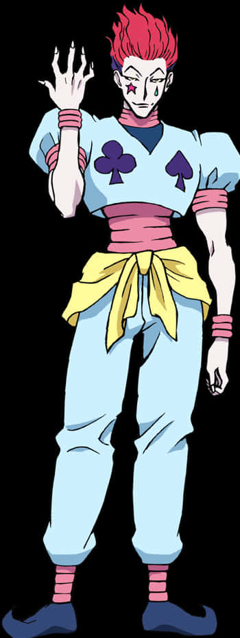 Hisoka Morow 動漫角色 壁紙 — 一個風格化的動漫角色，擁有尖刺紅髮和星星紋身，在黑色背景前揮手。