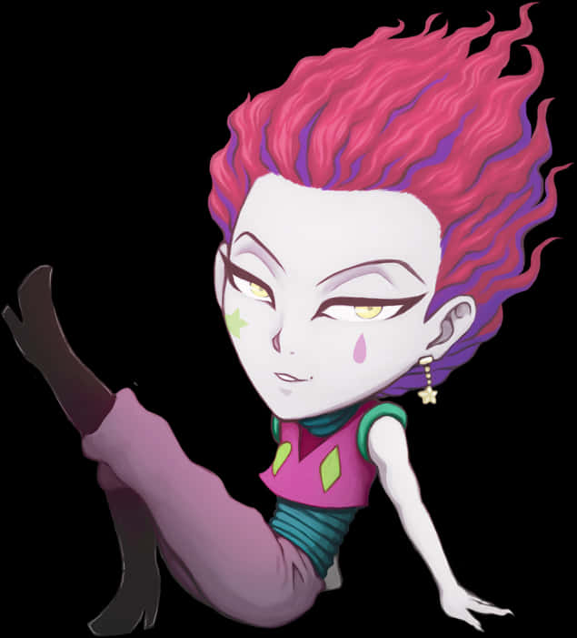 Hisoka Morow 畫像 壁紙 — 一個有狂野粉紅和紫色頭髮及黃色眼睛的Q版動漫女孩，在黑色背景前擺出俏皮的姿勢。
