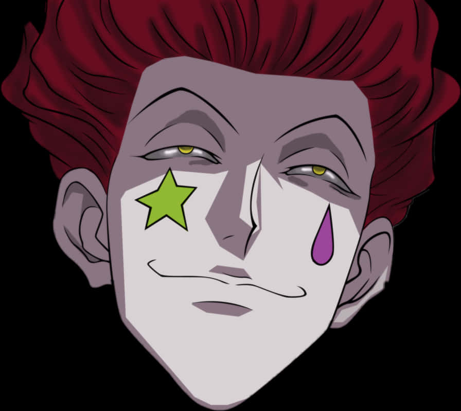 Hisoka Morow近照 壁紙 — 一個風格化的動漫角色，紅髮、白臉、綠色星星和紫色眼淚，背景為黑色。