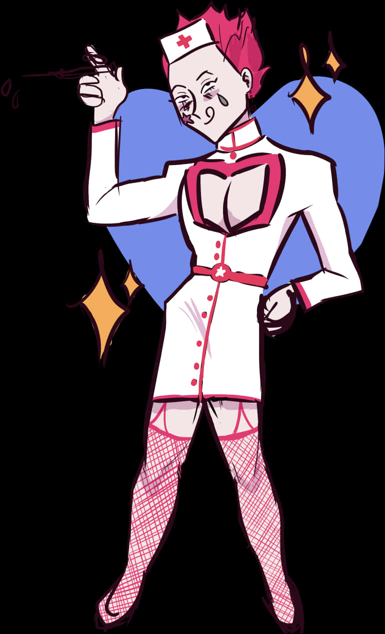 Hisoka Nurse 版本藝術 壁紙 — 一個風格化的動漫護士，粉紅色頭髮和服裝，在黑色背景上自信地擺姿勢，背景有發光的星星。
