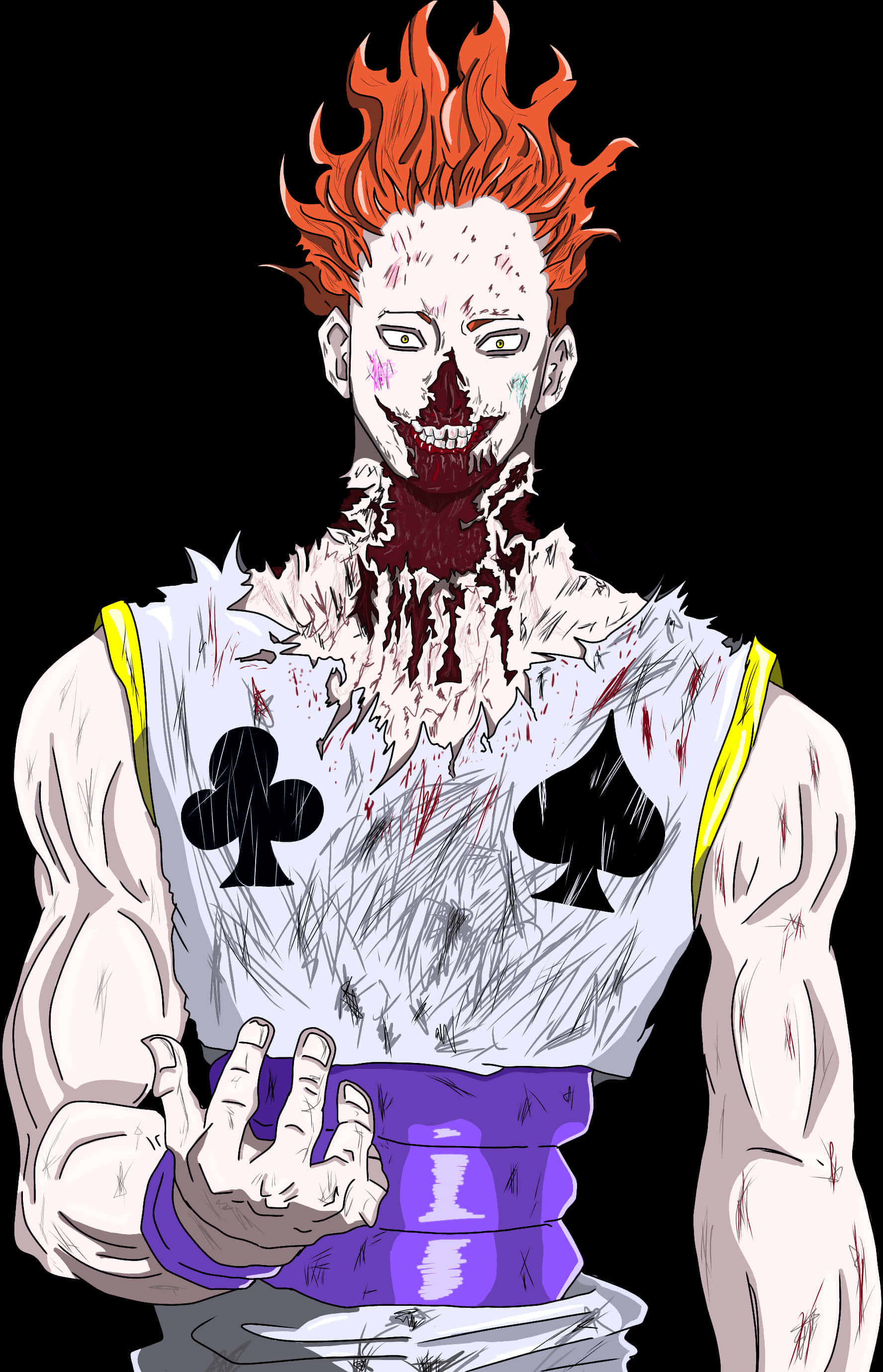 Hisoka 戰鬥受傷插畫 壁紙 — 一個帶有火紅頭髮和血跡斑斑的臉的威脅性動漫角色，穿著一件帶有黑色黑桃符號的破爛白色背心，背景為黑色。