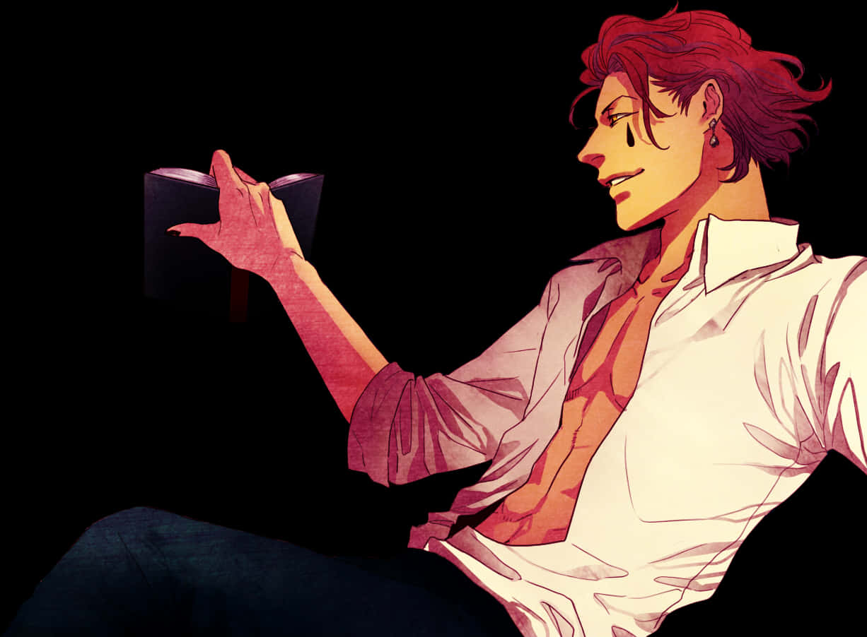 Hisoka 撲克牌把戲 壁紙 — 一個紅髮動漫男子穿著白襯衫，在溫暖燈光下閱讀一本書，背景為黑色。