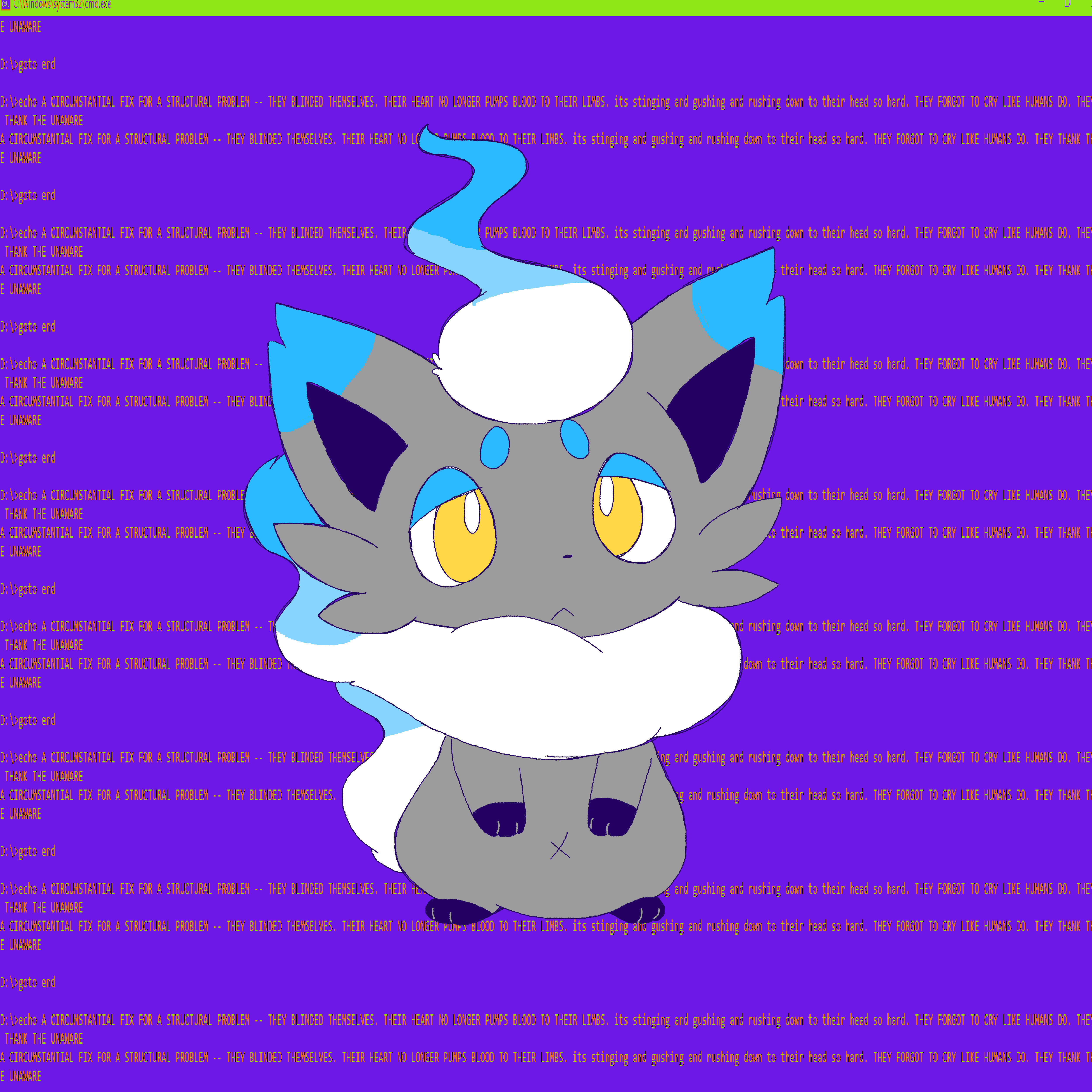迷人閃亮 Hisuian Zorua 壁紙 — 一隻可愛的藍灰色動漫貓，黃色眼睛，坐在充滿重複紅色文字的紫色背景前。
