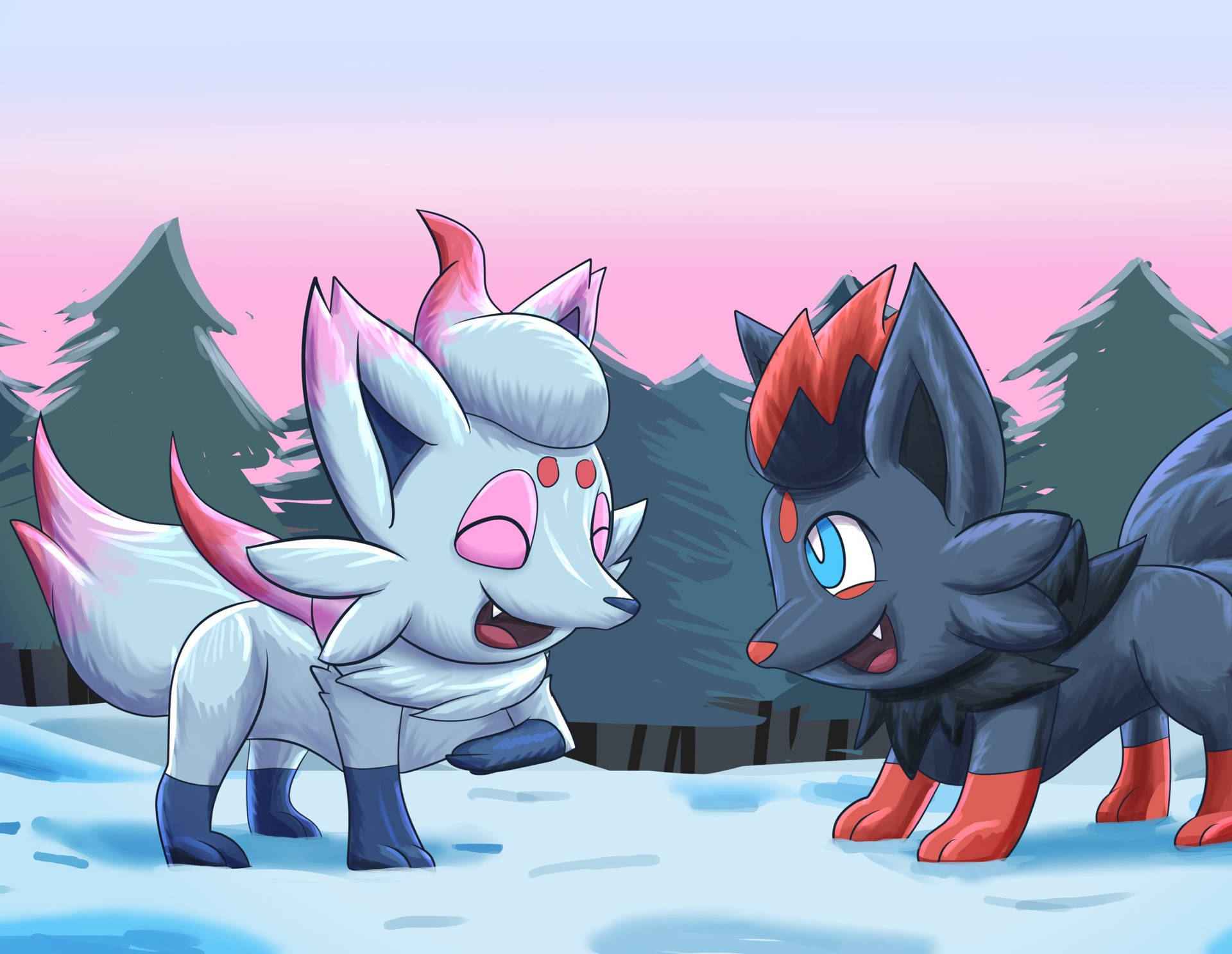 兩隻卡通狐狸站在雪中，在森林黃昏時分面對面。