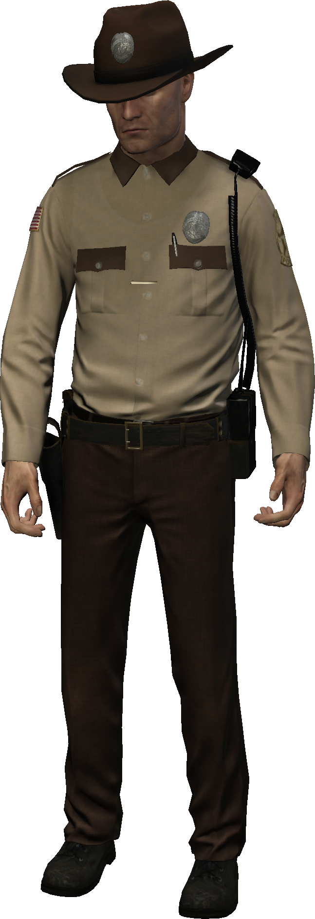 《Hitman》系列角色身著警長制服 壁紙 — 一位嚴肅的警長穿著棕褐色制服和棕色帽子，站在黑色背景前，帶有徽章和對講機。