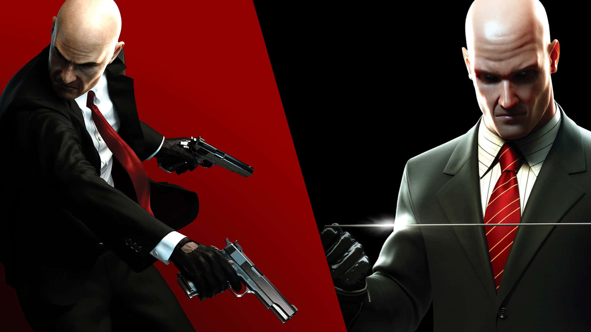 在高畫質下體驗《Hitman 2》的刺激世界 壁紙 — 一個光頭刺客穿著西裝，手持兩把手槍，背景是紅黑分割。