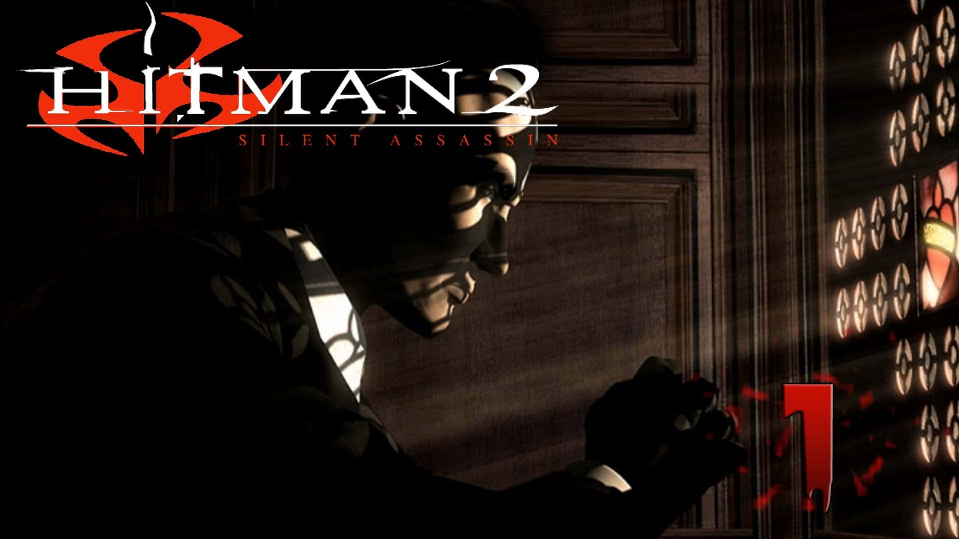 Hitman 2：47 號特工於告解室 HD 壁紙 — 一名戴著面具的刺客身穿深色西裝，在一個有紅色發光數字和遊戲標題標誌的陰暗房間裡向前傾。