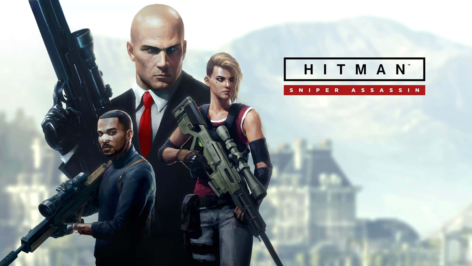 《Hitman 2》角色群像背景 壁紙 — 三名身穿俐落西裝和戰術裝備的刺客，在霧氣瀰漫的歐洲城市景觀背景下，手持狙擊步槍準備就緒。