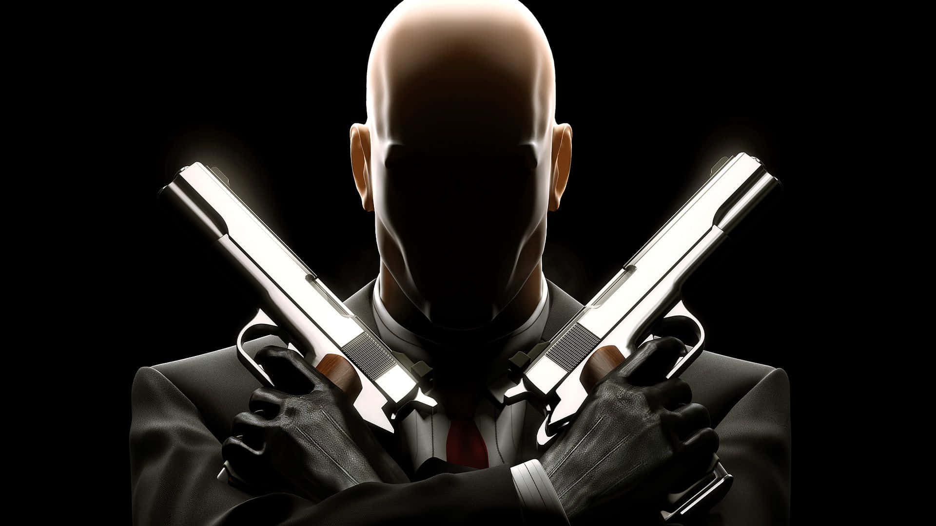 《Hitman 2》遊戲中的精彩瞬間 壁紙 — 一個光頭蒙面刺客穿著黑色西裝，在深色背景前交叉握著兩把銀色手槍。