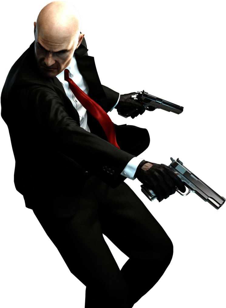 《Hitman》雙持武器動作場景 壁紙 — 一個光頭男子身穿黑色西裝和紅色領帶，在黑暗背景中戲劇性燈光下瞄準兩把手槍。